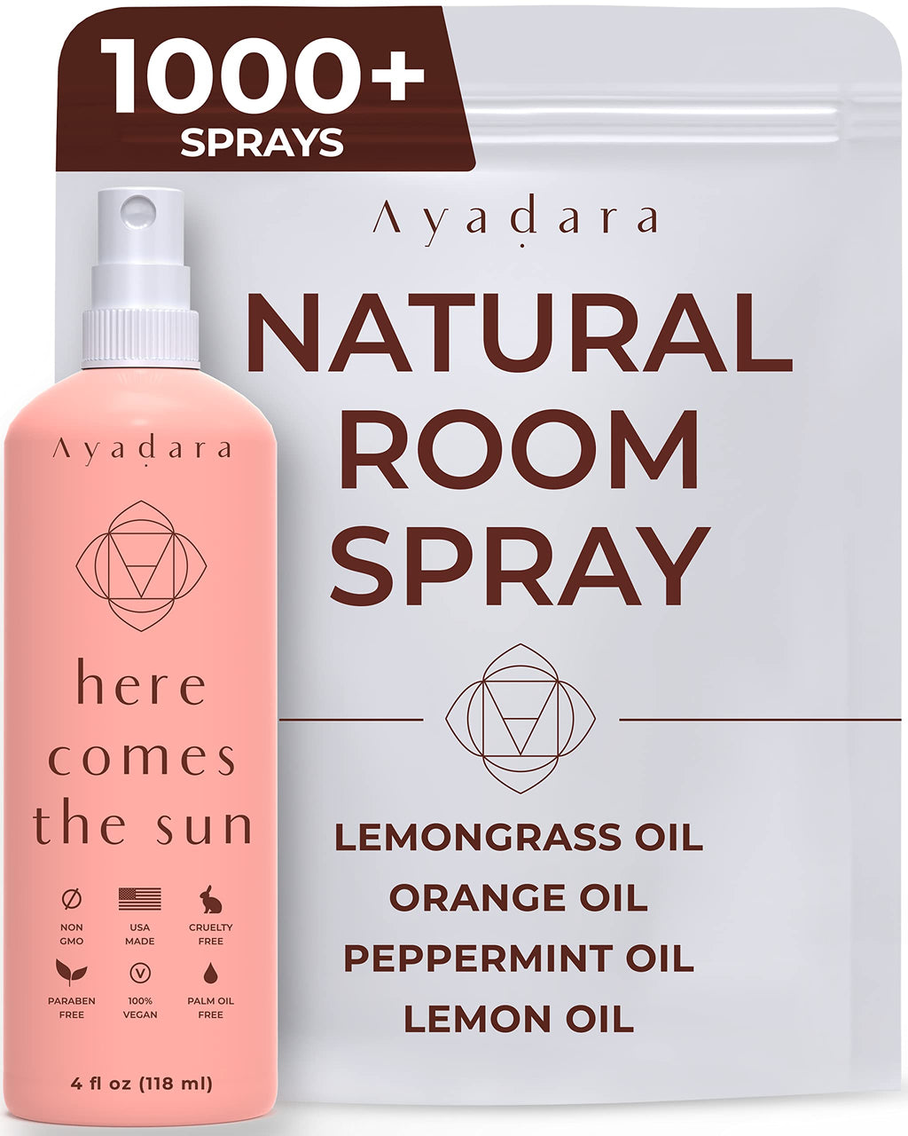 Ayadara Natural Room Spray | Refreshing Citrus Air Freshener for Home & Office | Witch Hazel Lemongrass & Peppermint Oil Room Deodorizer Spray | Nature-Based Home Odor Eliminator | 1000+ Spritzes